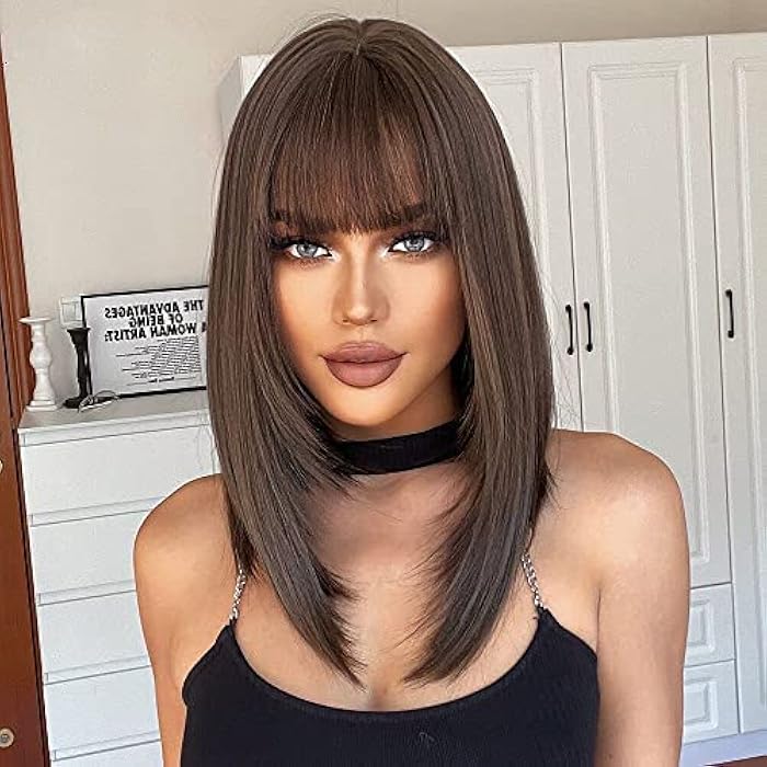 DILLARDS Alanhair Brown Wigs For Women,Haircube Medium Length Layered Wigs With Bangs Heat Resistant Synthetic Wigs For Daily Party Use - Image 1